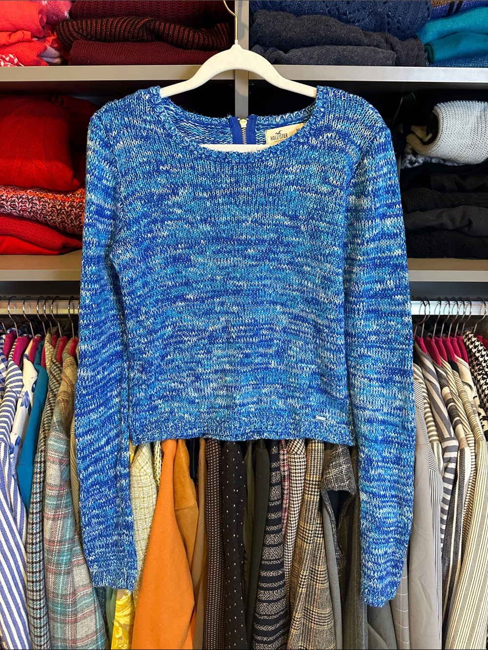 Hollister blue/white marled long sleeve back exposed zipper sweater size M